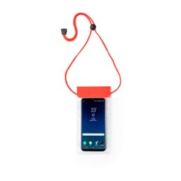 A transparent dry bag in red, featuring a smartphone securely enclosed and suspended by a cord.