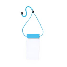 A transparent dry bag with a blue neck strap and a secure closure, ideal for keeping items dry.
