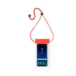 A waterproof dry bag in clear plastic with a red top and strap, designed to hold a smartphone securely.