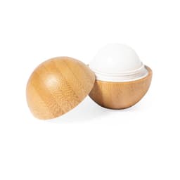 A bamboo container with a white lip balm inside, featuring a smooth, rounded top and a natural wood finish.