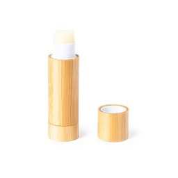 A lip balm in a bamboo container, featuring a removable cap. The product has a natural, earthy aesthetic.