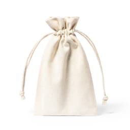 A natural cotton drawstring bag in a beige colour, with a gathered top and twine closure.