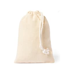 A drawstring bag in natural canvas colour, featuring a simple design with a twine closure.