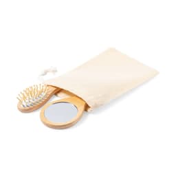 A wooden hairbrush and mirror set in a cream fabric pouch. The brush features wooden bristles.