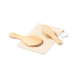 Two wooden hair brushes in a natural fabric pouch. The brushes feature smooth and textured surfaces.