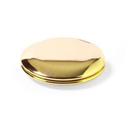 A gold-coloured mirror compact with a sleek, rounded design and a reflective surface, featuring a logo.