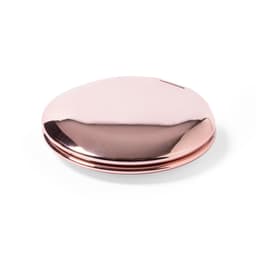 A rose gold compact mirror with a smooth finish and a sleek design. It features a logo on the surface.