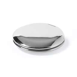 A round, silver mirror with a smooth, reflective surface and a hinged opening. It features a logo.