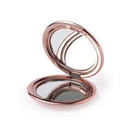 A compact mirror in a rose gold finish, featuring two reflective surfaces inside. It includes a branding logo.