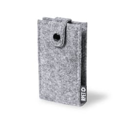 A grey felt phone pouch with a snap closure and a small logo tag, designed for protecting mobile devices.