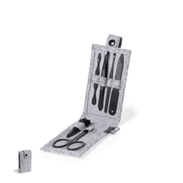 A grey grooming kit featuring various tools including scissors, tweezers, and a nail file, presented in a foldable case.