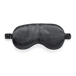 A sleep mask in black with an elastic band for a comfortable fit. The mask has a smooth, shiny surface.