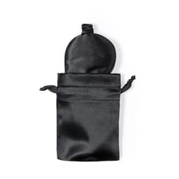 A black satin pouch with a drawstring closure, featuring a rounded top section. It has a smooth finish and a logo.