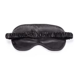 A sleep mask in black satin with a ruffled elastic band. It features a smooth surface and a contoured shape.