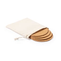 Cork coasters in a natural fabric pouch, featuring a simple design and a light tan colour.