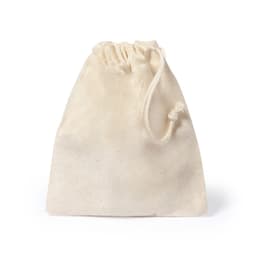A natural-coloured drawstring bag made of fabric, featuring a cinched opening at the top.
