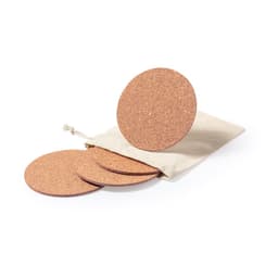 Four round cork coasters displayed, partially out of a natural fabric pouch. The coasters are a warm brown colour.
