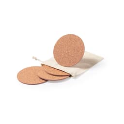 Four circular cork coasters displayed with a drawstring pouch, showcasing a natural brown colour.