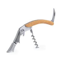 A silver corkscrew opener with a cork handle, featuring a knife blade and bottle opener.