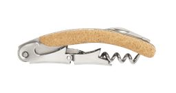 A corkscrew opener with a silver metal body and a natural cork handle, featuring a foldable design.