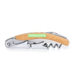 A corkscrew opener with a silver metal body and a cork handle, featuring a logo.