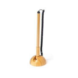 A wooden pen with a black cord attached, standing upright in a rounded wooden base.