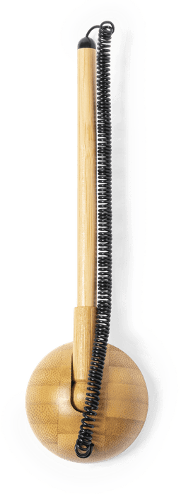 A wooden pen with a natural finish and a coiled metal clip, featuring a spherical wooden base.