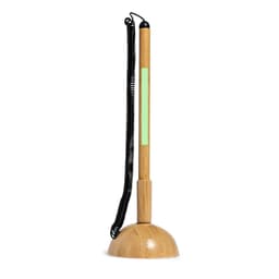 A wooden pen with a black coiled cord attached to a rounded wooden base, featuring a green stripe.
