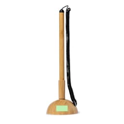 A wooden pen with a black coiled cord, set on a round bamboo base. It features a logo on the base.