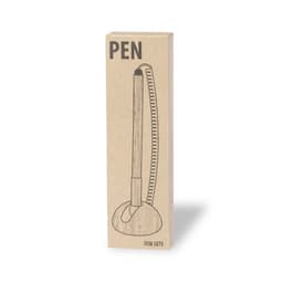 A wooden pen displayed in a box with a logo, featuring a coiled clip and a round base.