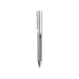 A metal pen with a sleek silver finish and a textured grip, featuring a clip and branding.