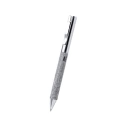 A metal pen in silver with a textured grip and chrome accents, featuring a clip and branding.