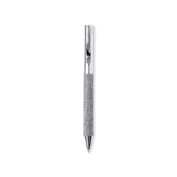 A metal pen with a textured silver grip and a polished chrome clip, featuring a logo on the barrel.