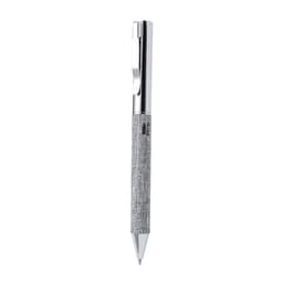 A metal pen with a sleek silver finish and a textured grey grip, featuring a clip and branding.