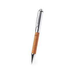A metal pen with a chrome finish and a cork grip, featuring a branded logo.