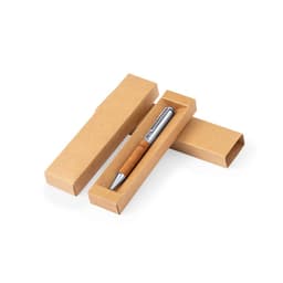 A metal pen with a brown cork grip, presented in a brown packaging box. The box is partially open.