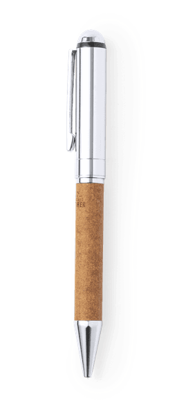 A metal pen with a silver clip and a cork grip, featuring a branded logo.