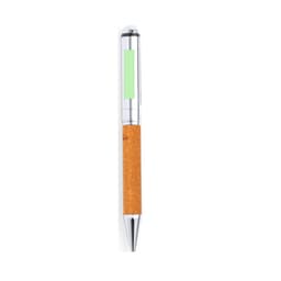 A metal pen with a chrome finish and a cork grip, featuring a green section on the barrel.