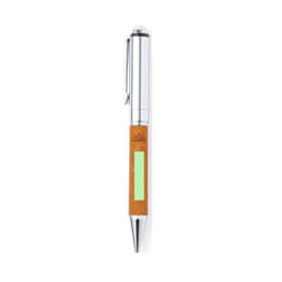 A metal pen with a chrome finish and a cork grip, featuring a logo on its body.