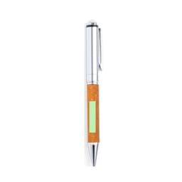 A metal pen featuring a shiny silver top and a cork-like textured orange body. It includes a logo.