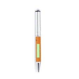 A metal pen with a shiny silver top and a cork grip. It features a logo and has a green accent.