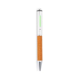 A metal pen with a cork grip and a transparent barrel, featuring a green accent and a chrome tip.