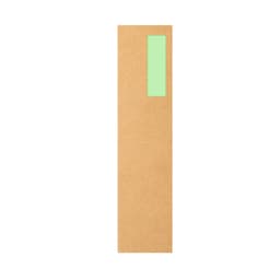 A tall, plain brown cardboard marker with a mint green rectangular area at the top. It features a logo.