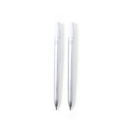 A set of two metal pens in silver with a logo on each. They feature a sleek design and a smooth writing tip.