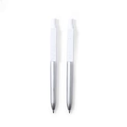 A set of two metal pens featuring a silver barrel and white accents, with a branding logo on the surface.