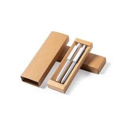 A metal pen gift set in a brown kraft box, featuring two silver pens inside. The packaging is simple and elegant.
