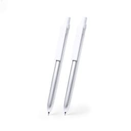A set of two silver metal pens with white clips, featuring a sleek design and branding.