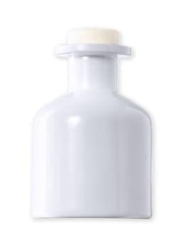 A diffuser bottle in sleek white ceramic design with a light-coloured cap, featuring a branding logo.