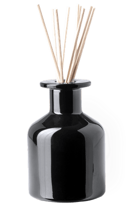 A black ceramic aromatic diffuser with reed sticks arranged in the neck.