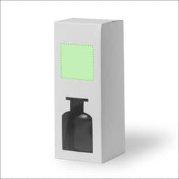 A black aromatic diffuser bottle inside a sleek white box with a cut-out window. The box features a logo.